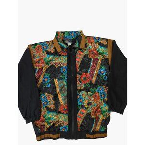 Vintage 80s SILVER THREADS Womens Small Black Jewel Tone Track zip jacket